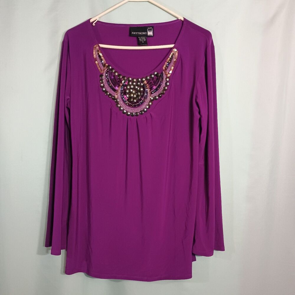 Anthony  Women’s Purple Embellished Tunic Top – Long Sleeve Beaded Blouse